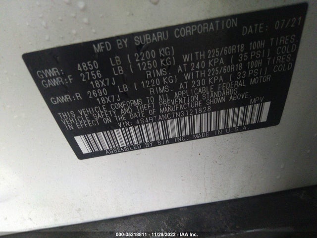 2022 Subaru Outback, VIN: 4S4BTANC7N3121828