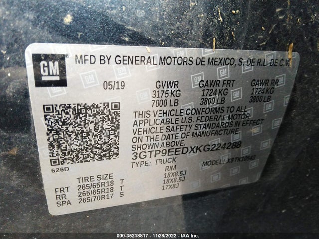 2019 GMC Sierra 1500, VIN: 3GTP9EEDXKG224288