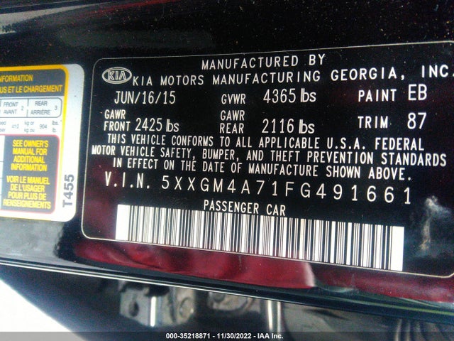 2015 Kia Optima, VIN: 5XXGM4A71FG491661