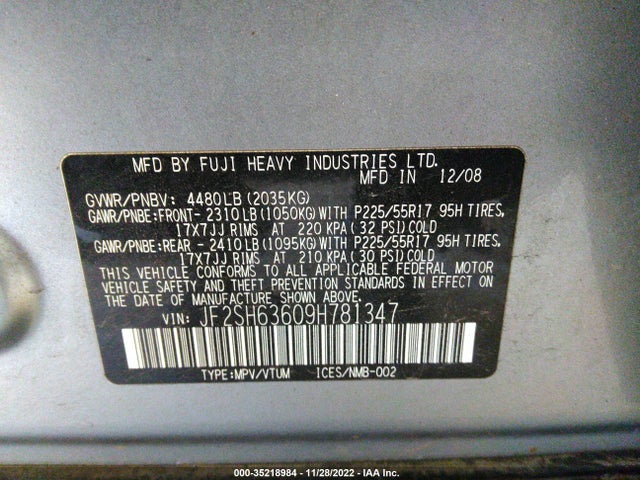 2009 SUBARU FORESTER X VIN: JF2SH63609H781347