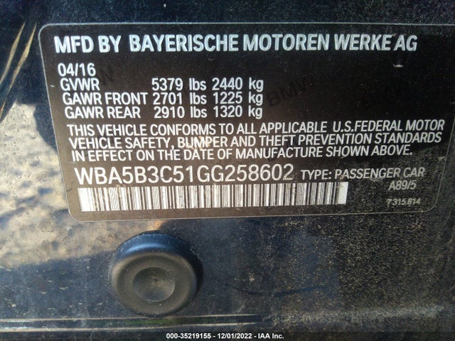 2016 BMW 5 SERIES 535I XDRIVE VIN: WBA5B3C51GG258602