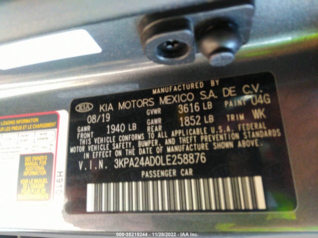 2020 KIA RIO S VIN: 3KPA24AD0LE258876