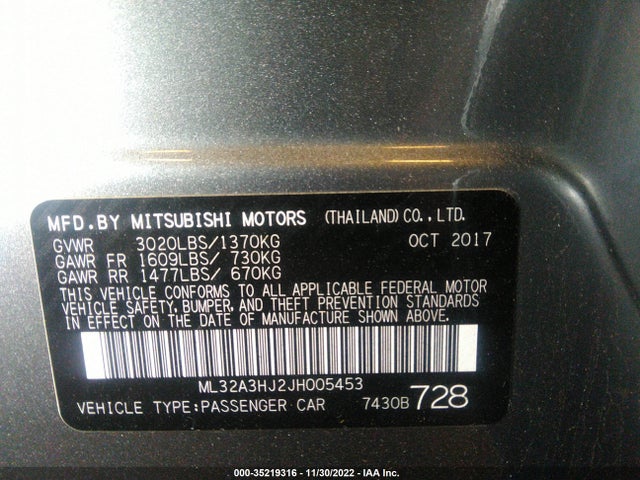 2018 MITSUBISHI MIRAGE ES VIN: ML32A3HJ2JH005453