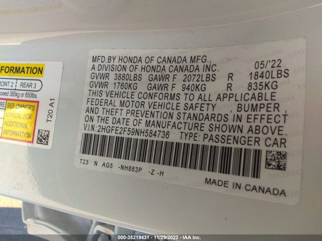 2022 HONDA CIVIC SEDAN SPORT VIN: 2HGFE2F59NH584736