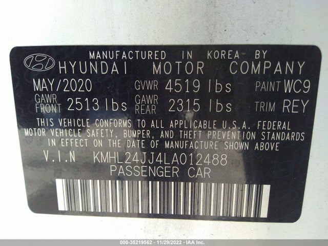 2020 Hyundai Sonata, VIN: KMHL24JJ4LA012488