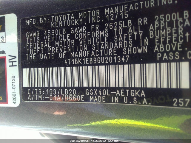 2016 Toyota Avalon, VIN: 4T1BK1EB9GU201347