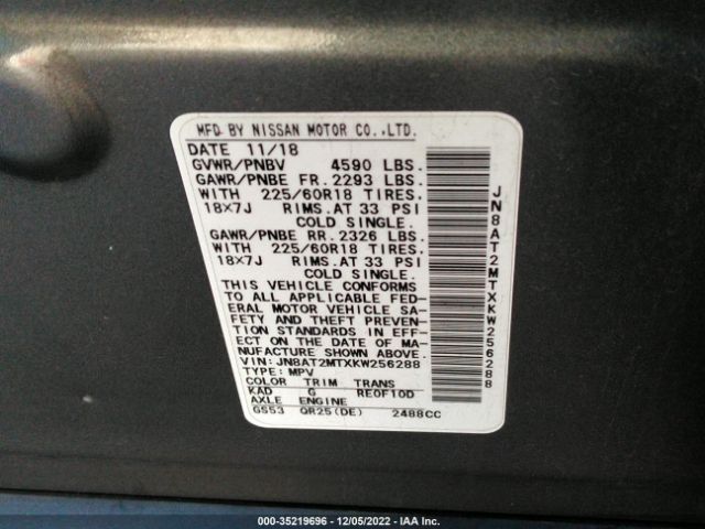 JN8AT2MTXKW256288 Nissan ROGUE SV