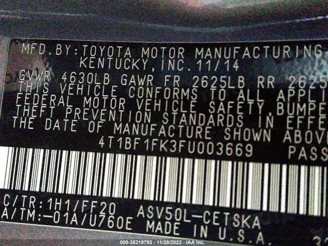 2015 TOYOTA CAMRY XLE/SE/LE/XSE VIN: 4T1BF1FK3FU003669