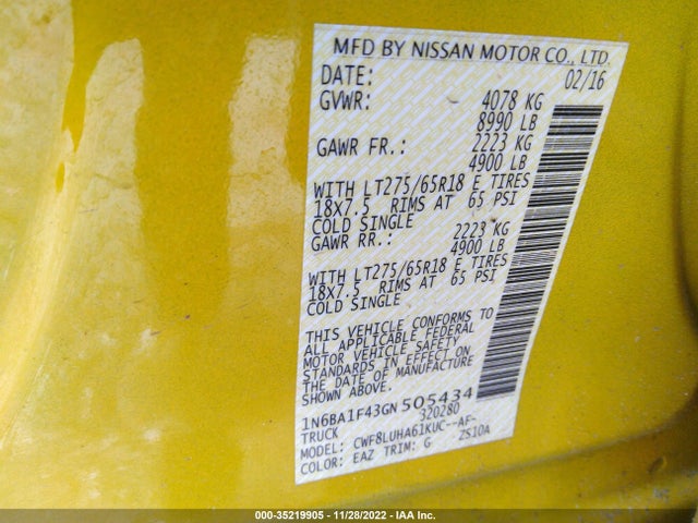 2016 Nissan Titan, VIN: 1N6BA1F43GN505434