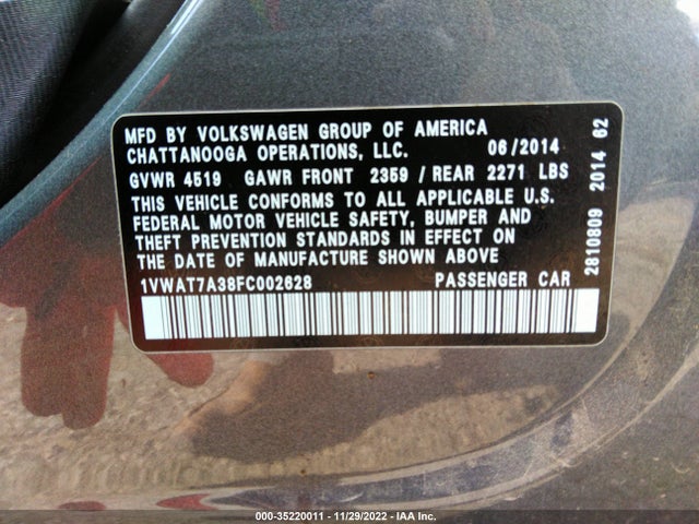 2015 VOLKSWAGEN PASSAT 1.8T S VIN: 1VWAT7A38FC002628