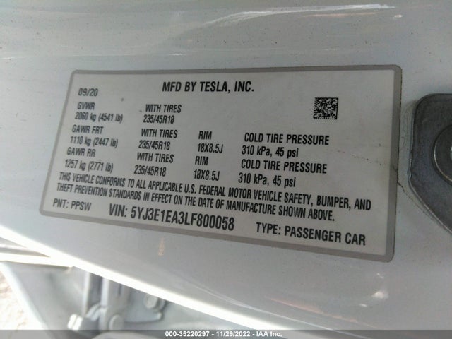 Tesla MODEL 3 2020 5YJ3E1EA3LF800058 Image 9