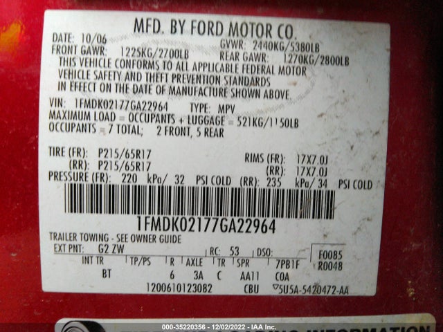 2007 FORD FREESTYLE SEL VIN: 1FMDK02177GA22964