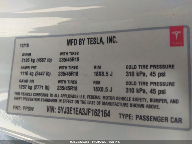 Tesla Model 3 Range Battery 2018 5YJ3E1EA3JF162164 Image 9