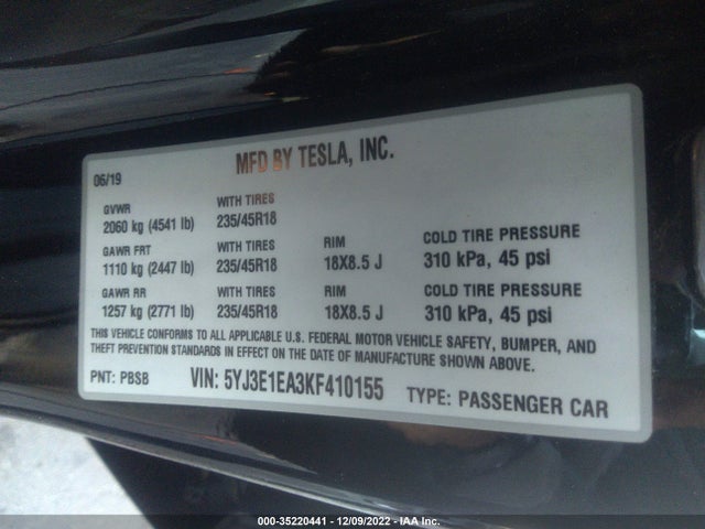 Tesla Model 3 Range 2019 5YJ3E1EA3KF410155 Image 10