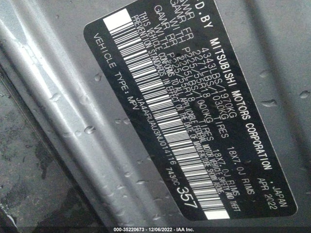 JA4ARUAU3NU014116 Mitsubishi Outlander Sport Es/le/se