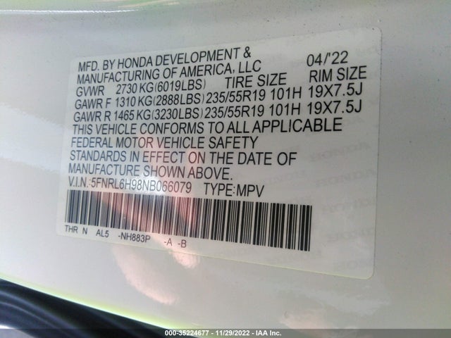 2022 Honda Odyssey, VIN: 5FNRL6H98NB066079