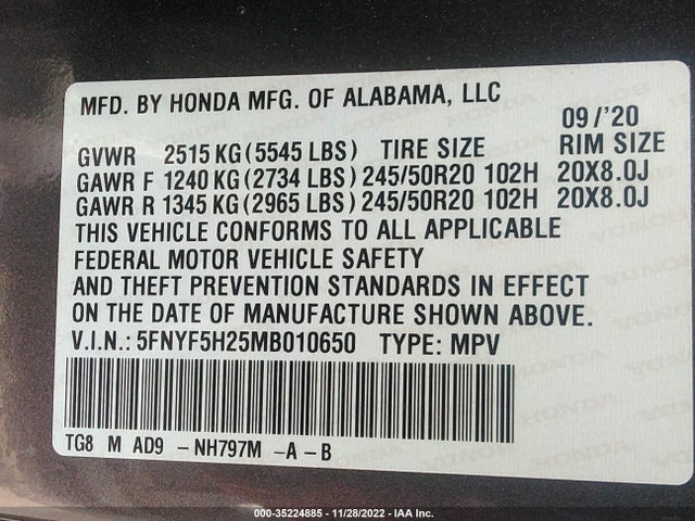 2021 Honda Pilot, VIN: 5FNYF5H25MB010650