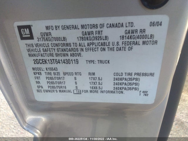 2004 CHEVROLET SILVERADO 1500 CREW CAB LS VIN: 2GCEK13T641430119