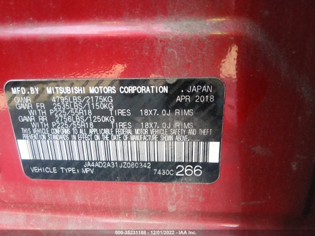 2018 Mitsubishi Outlander, VIN: JA4AD2A31JZ060342