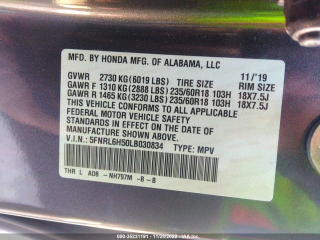 2020 Honda Odyssey, VIN: 5FNRL6H50LB030834