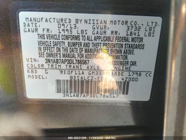 2013 NISSAN SENTRA S VIN: 3N1AB7AP3DL786567