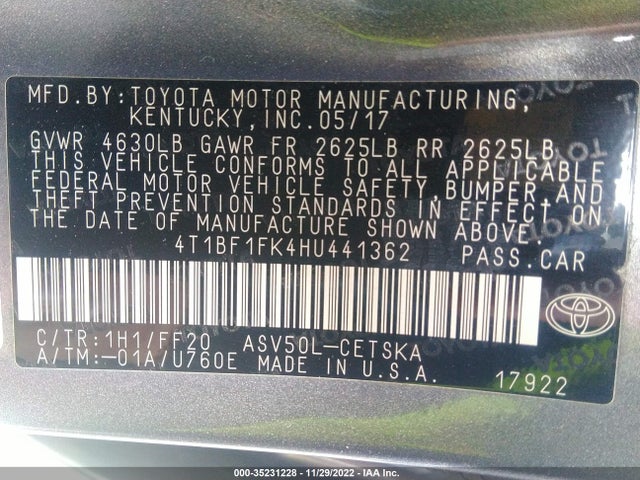 2017 TOYOTA CAMRY XLE/SE/LE/XSE VIN: 4T1BF1FK4HU441362