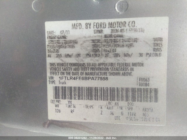 2011 FORD RANGER XLT/SPORT VIN: 1FTLR4FE6BPA77558