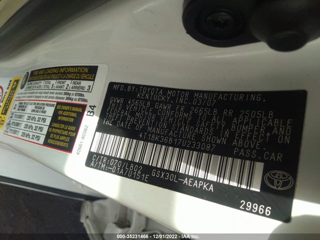 2007 TOYOTA AVALON XL/TOURING/XLS/LIMITED VIN: 4T1BK36B17U233087