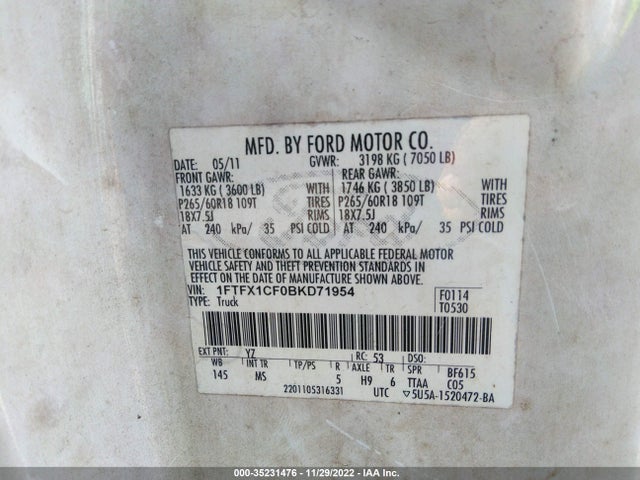 2011 FORD F-150 XL/STX/XLT/FX2/LARIAT VIN: 1FTFX1CF0BKD71954
