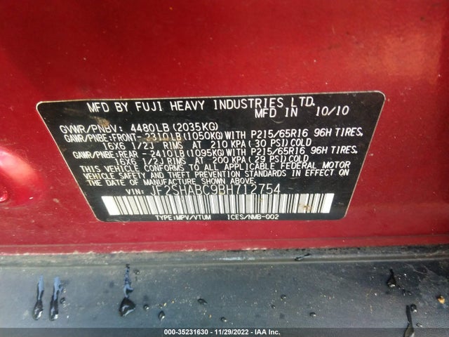 2011 SUBARU FORESTER 2.5X VIN: JF2SHABC9BH712754