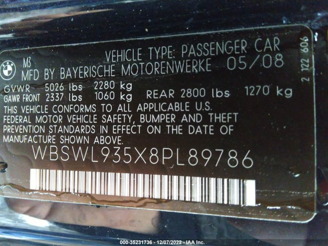 BMW 3 Series M3 2008 WBSWL935X8PL89786 Image 10