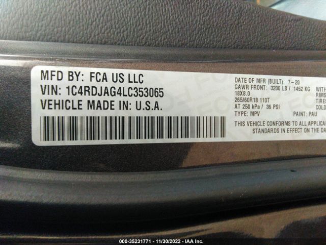 1C4RDJAG4LC353065 Dodge Durango Sxt Plus