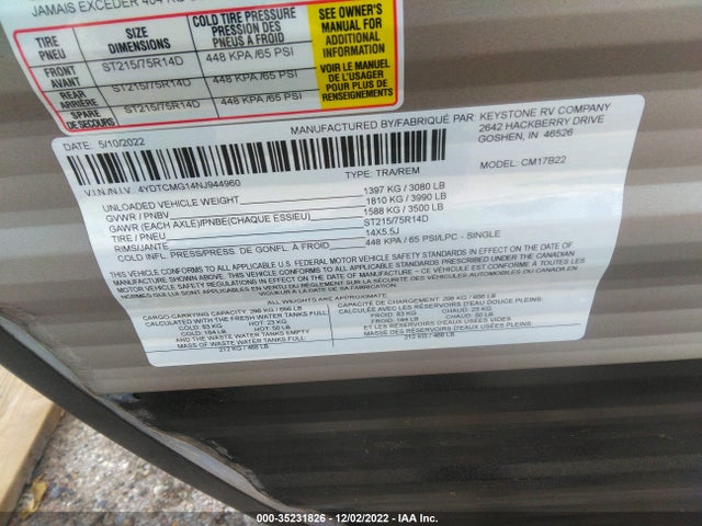 2022 COLEMAN OTHER VIN: 4YDTCMG14NJ944960