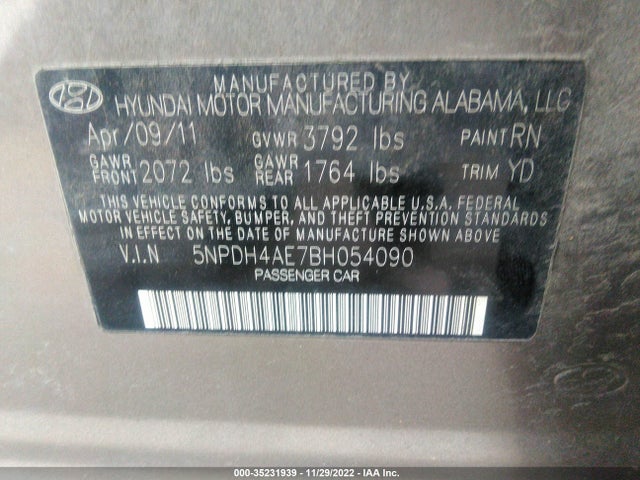 2011 HYUNDAI ELANTRA GLS PZEV VIN: 5NPDH4AE7BH054090