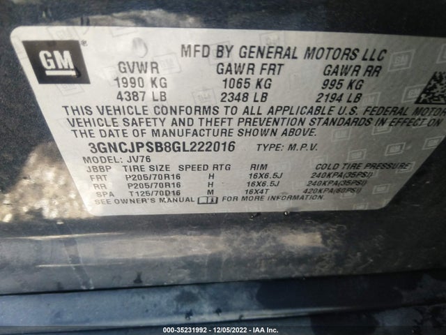 2016 Chevrolet Trax, VIN: 3GNCJPSB8GL222016