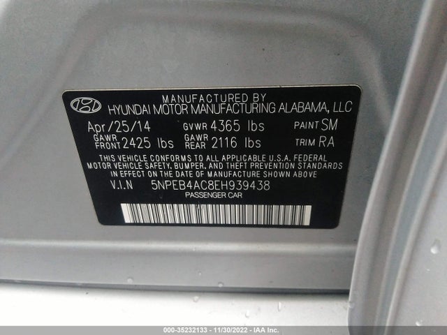 2014 HYUNDAI SONATA GLS VIN: 5NPEB4AC8EH939438