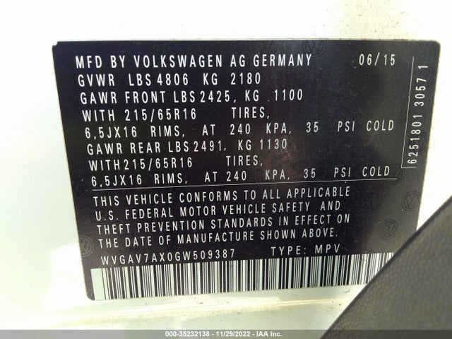 2016 VOLKSWAGEN TIGUAN S VIN: WVGAV7AX0GW509387