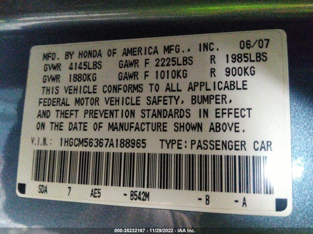 2007 HONDA ACCORD SDN LX SE VIN: 1HGCM56367A188965
