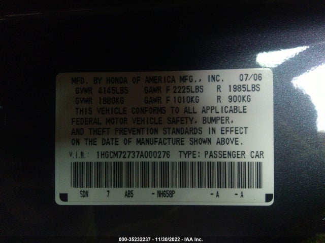 2007 HONDA ACCORD CPE EX/EX-L VIN: 1HGCM72737A000276