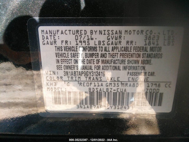 2016 NISSAN SENTRA S VIN: 3N1AB7AP9GY312419