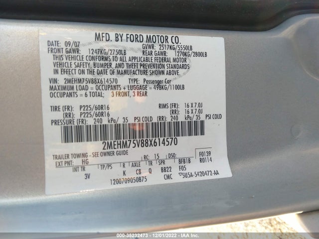 2008 MERCURY GRAND MARQUIS LS VIN: 2MEHM75V88X614570
