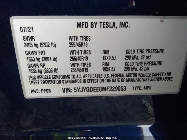 Tesla Model Y 2021 5YJYGDEE0MF229053 Image 9