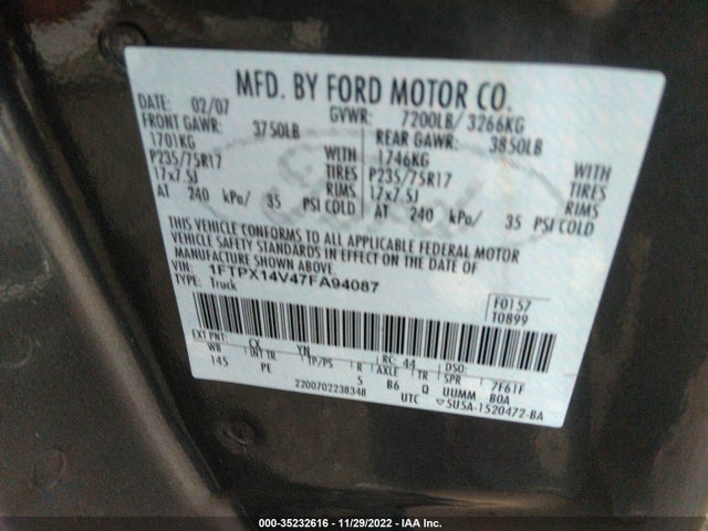 2007 FORD F-150 XLT/FX4/LARIAT/XL VIN: 1FTPX14V47FA94087