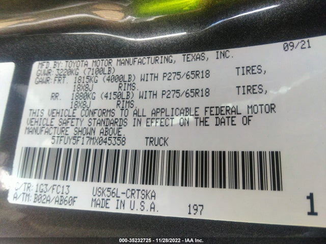 2021 Toyota Tundra, VIN: 5TFUY5F17MX045358
