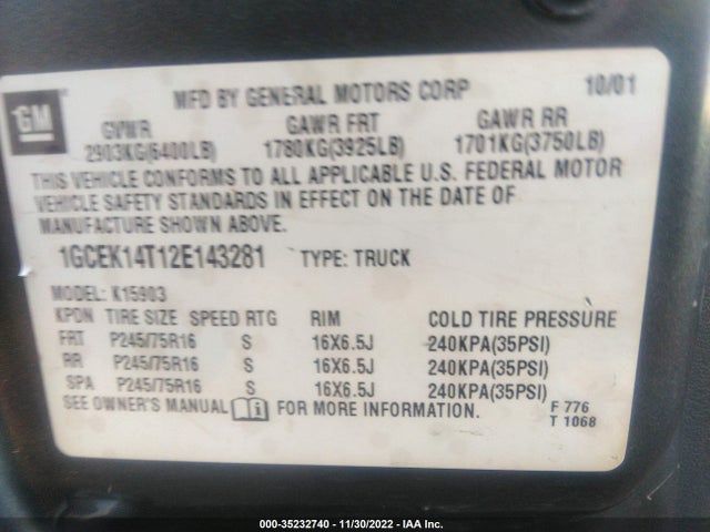 2002 CHEVROLET SILVERADO 1500 LS VIN: 1GCEK14T12E143281