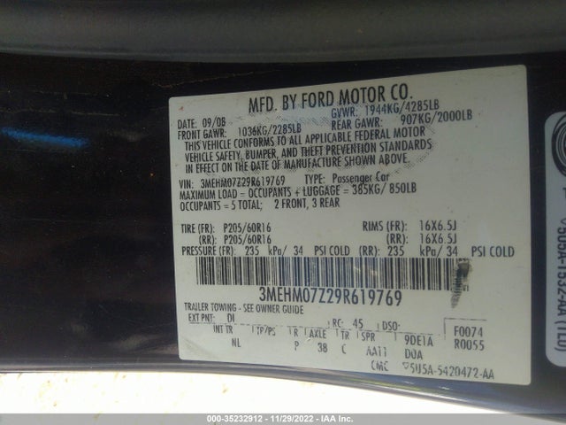 2009 MERCURY MILAN VIN: 3MEHM07Z29R619769