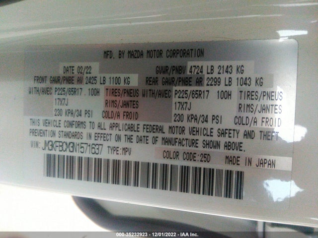 2022 Mazda CX-5, VIN: JM3KFBCM3N1571637