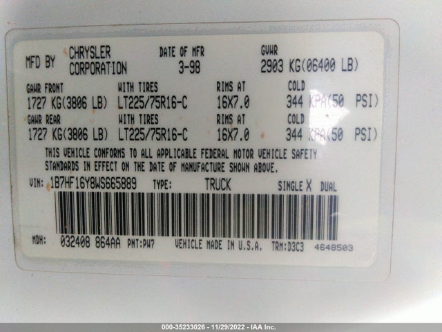 Dodge RAM 1500 1998 1B7HF16Y8WS665889 Image 10