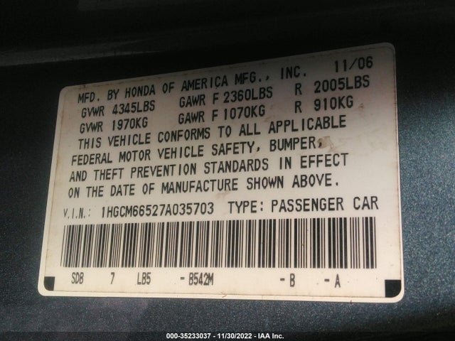 2007 HONDA ACCORD SDN EX-L VIN: 1HGCM66527A035703