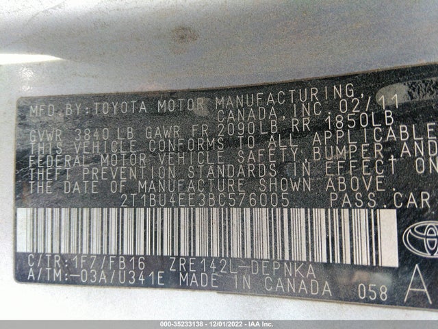 2011 TOYOTA COROLLA L/LE/S VIN: 2T1BU4EE3BC576005